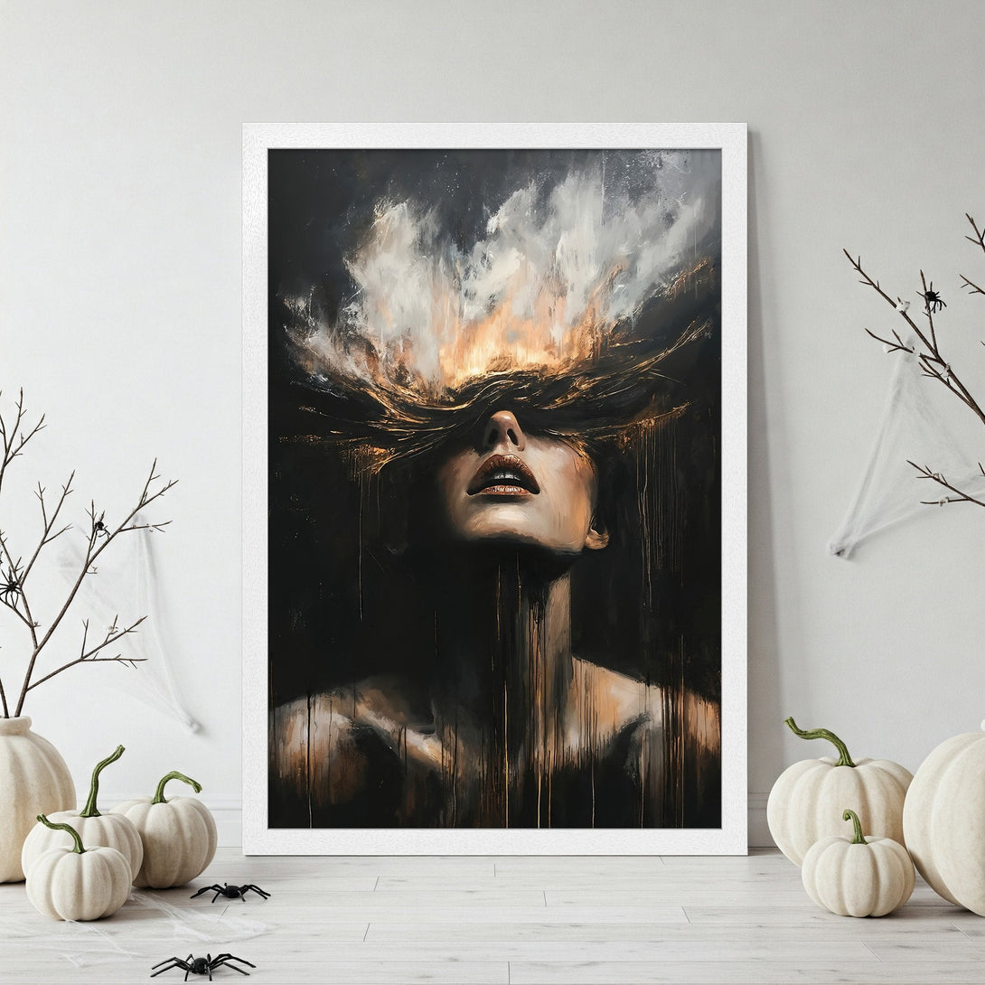 Framed Poster featuring a woman with abstract art style, dark and gold color palette, perfect for modern home decor.