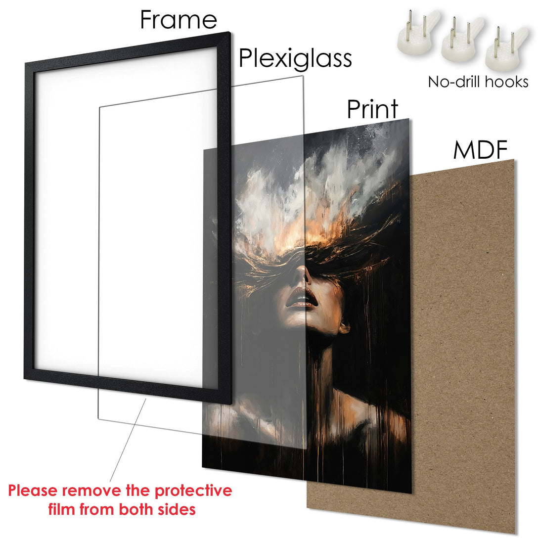 Framed Poster featuring an abstract portrait in a dark, moody palette with gold accents. Ready to hang art for your space.