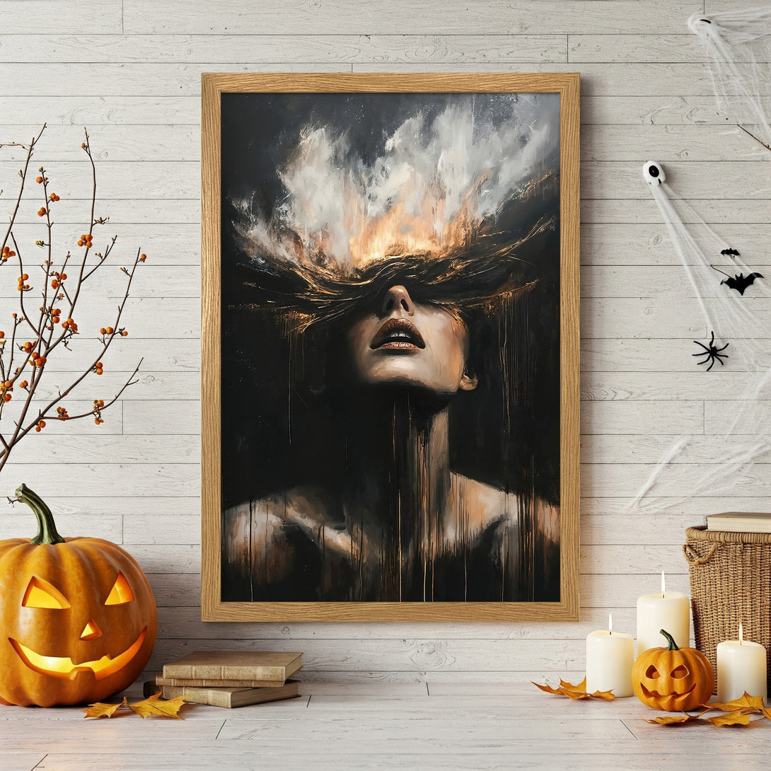 Framed Poster featuring a woman with abstract hair in a dark and gold color palette. Perfect art for Halloween decor.