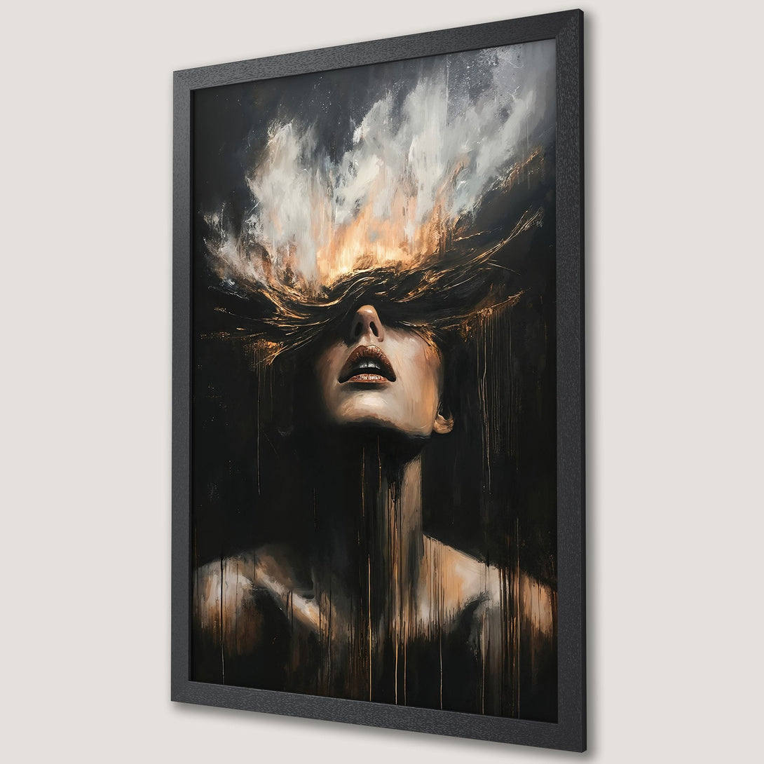 Framed Poster featuring a woman with abstract, expressive style. Dark, moody palette with gold and brown accents. Perfect wall art.