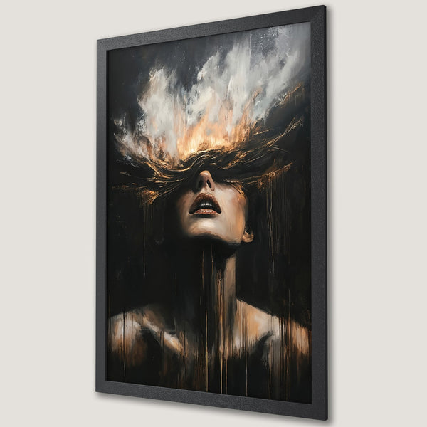 Framed Poster featuring a woman with abstract, expressive style. Dark, moody palette with gold and brown accents. Perfect wall art.