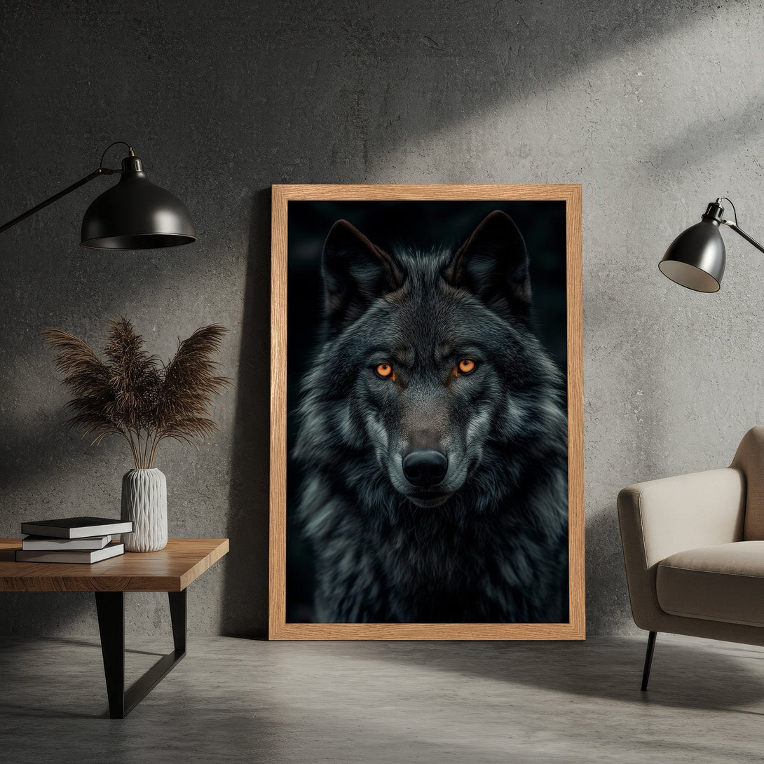 Framed Poster featuring a majestic wolf with piercing orange eyes. Dark, moody style with a grayscale and warm accent color palette. Perfect wall art!