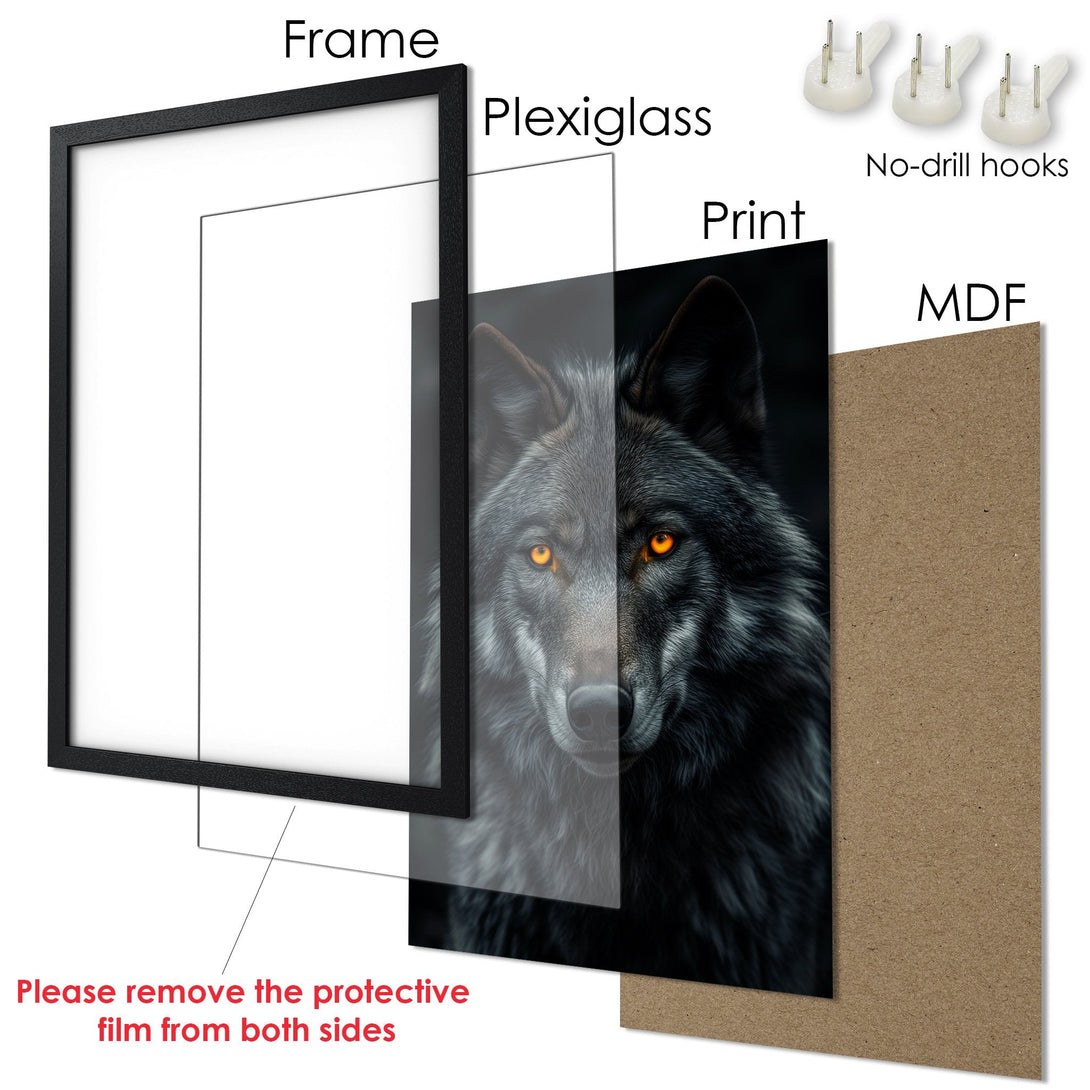Framed Poster featuring a majestic wolf with glowing eyes. Dark, moody style with a black, white, and orange color palette. Perfect wall art!