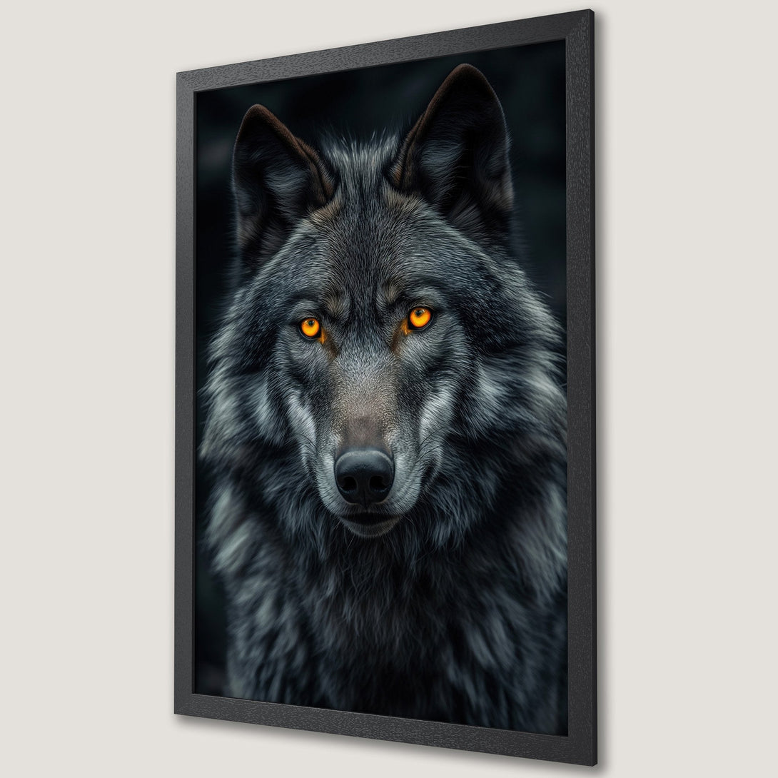 Framed Poster featuring a striking wolf portrait with intense orange eyes. Dark, dramatic style with a cool gray and black color palette.