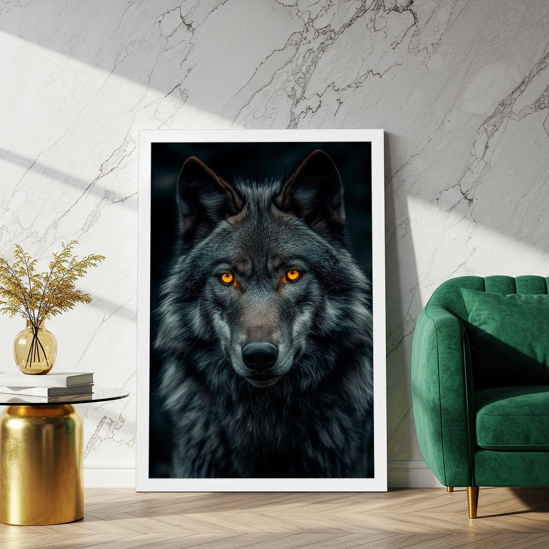 Framed Poster featuring a striking wolf portrait with glowing orange eyes. Moody, artistic style with a dark, cool color palette. Perfect wall art!