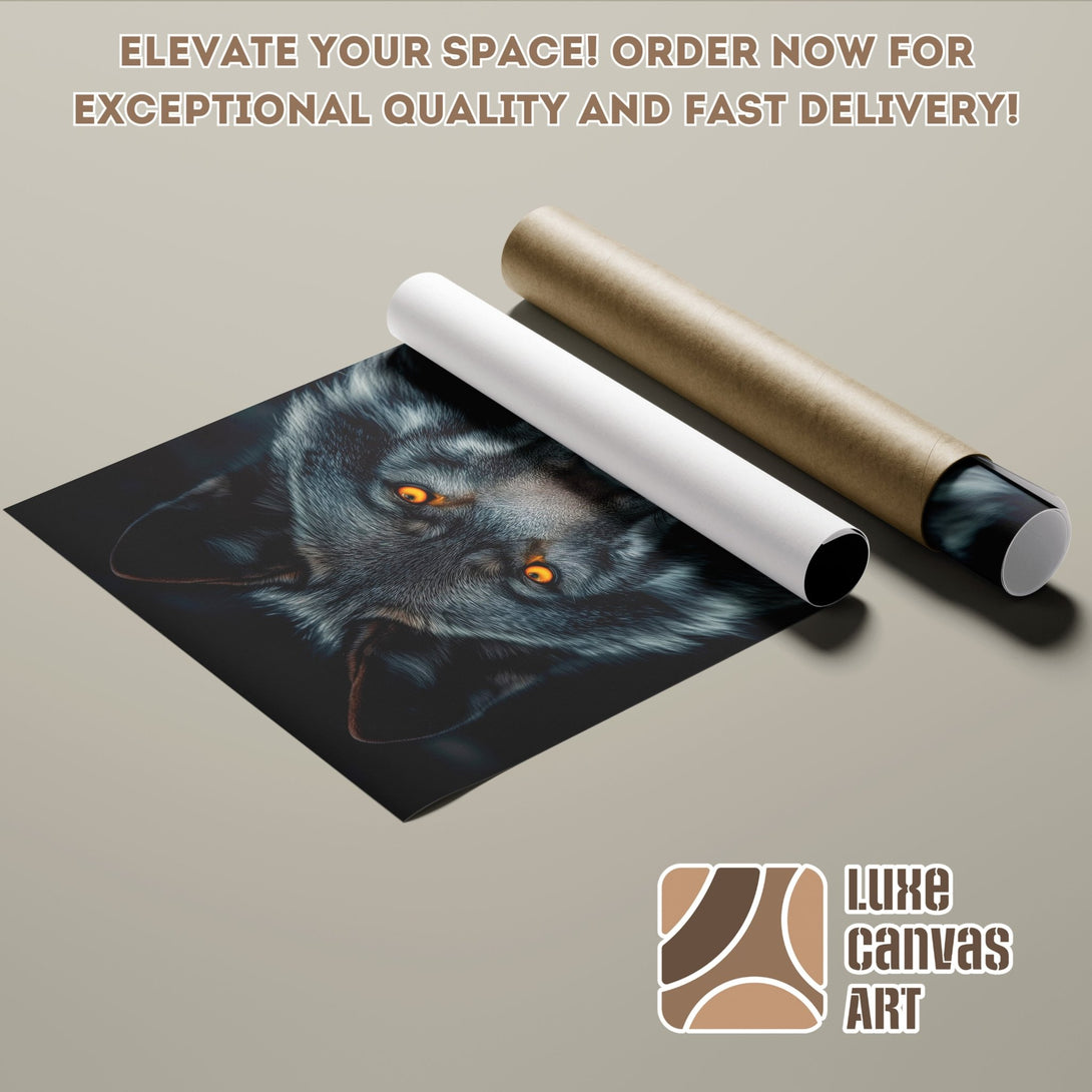 Poster Roll featuring a wolf with glowing eyes, dark and moody style, cool gray and black palette. Elevate your space!
