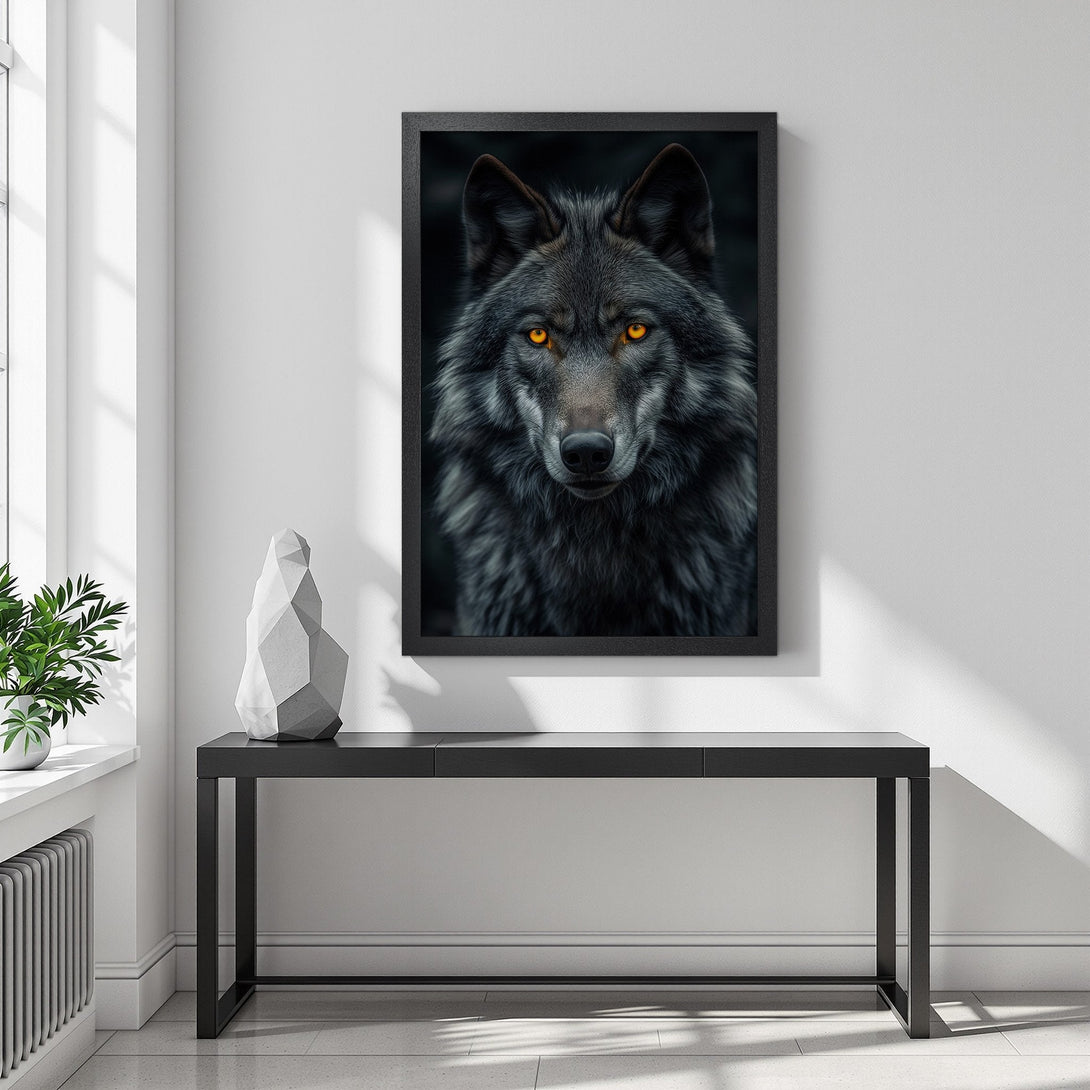 Framed Poster featuring a majestic wolf with glowing eyes. Dark, dramatic art in a black & gray palette, perfect for modern decor.