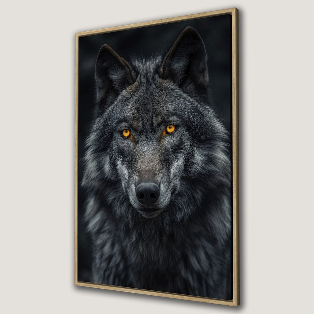 Framed Wall Art featuring a striking wolf portrait with glowing orange eyes. Dramatic, modern style with a dark, moody color palette. Perfect for any space!