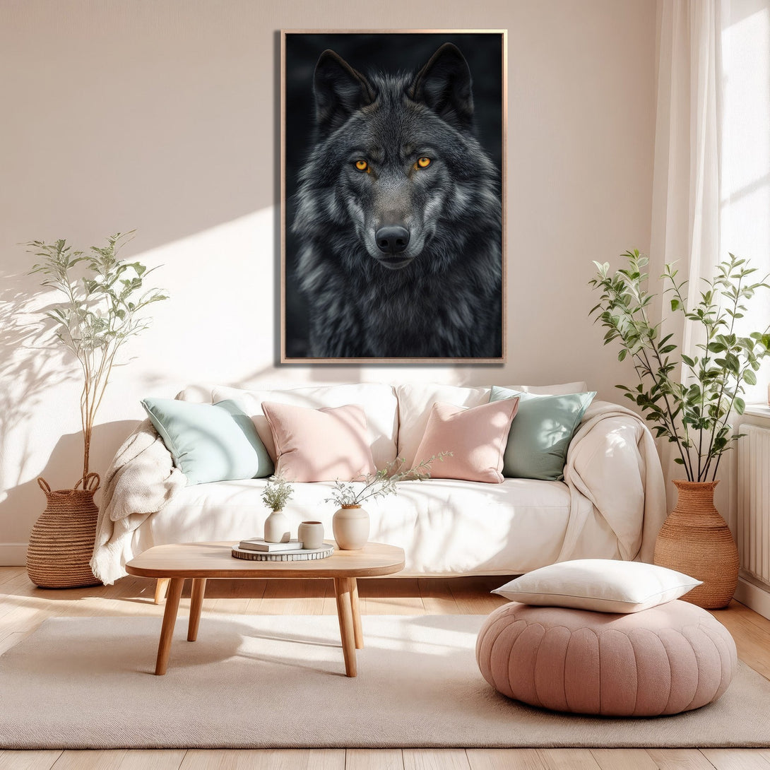 Framed Wall Art featuring a striking wolf portrait with intense yellow eyes. Modern, moody art in a neutral interior with a warm, inviting color palette.