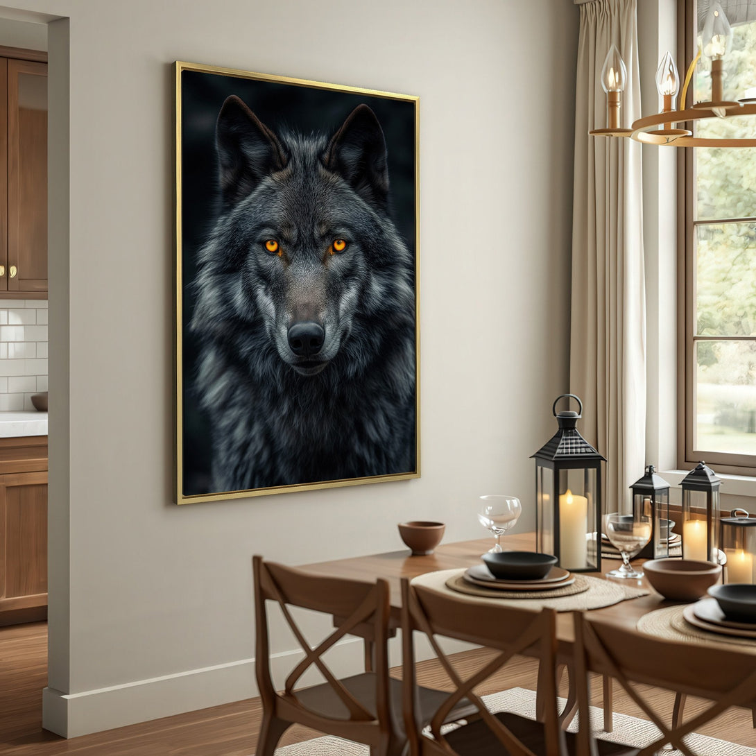 Canvas Print: Majestic wolf art with striking orange eyes. Dark, moody palette complements rustic interior decor. Add a touch of wild beauty to your space!