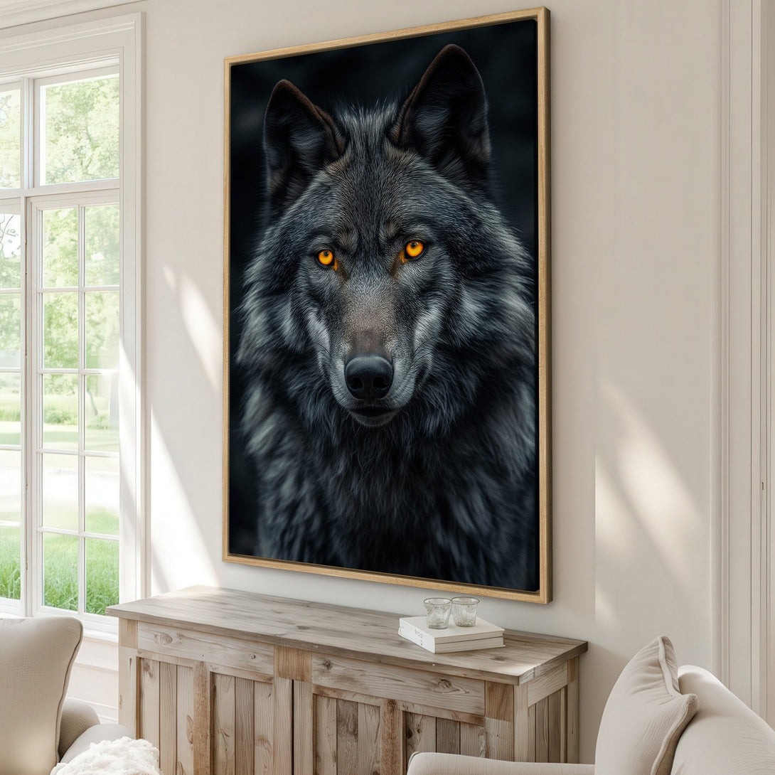 Framed Wall Art: Majestic wolf portrait with piercing orange eyes. Dramatic black and gray color palette. Perfect statement piece for modern decor.