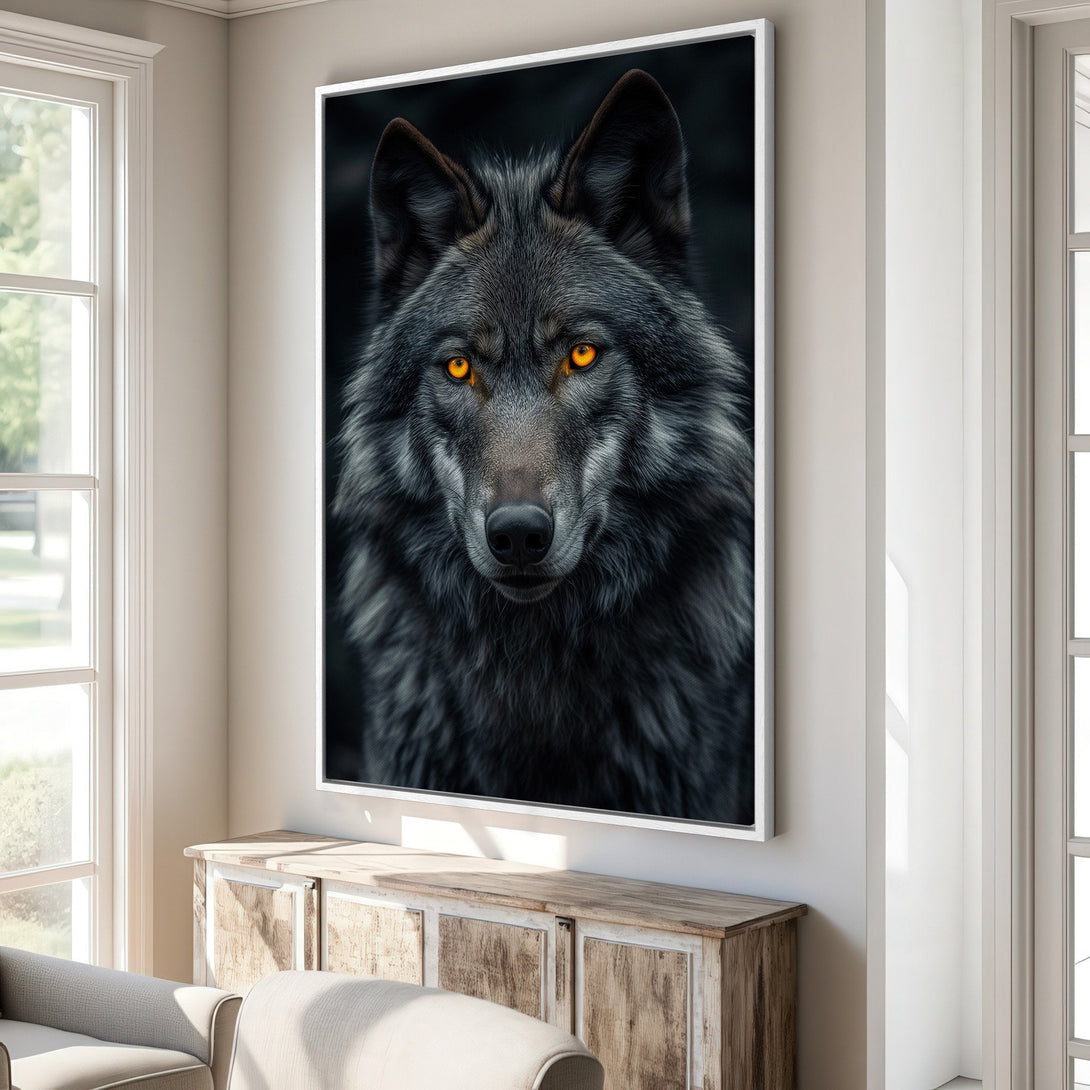 Framed Wall Art: Stunning wolf portrait with fiery orange eyes. Dark, moody aesthetic perfect for modern home decor. Shop this dramatic canvas print today!