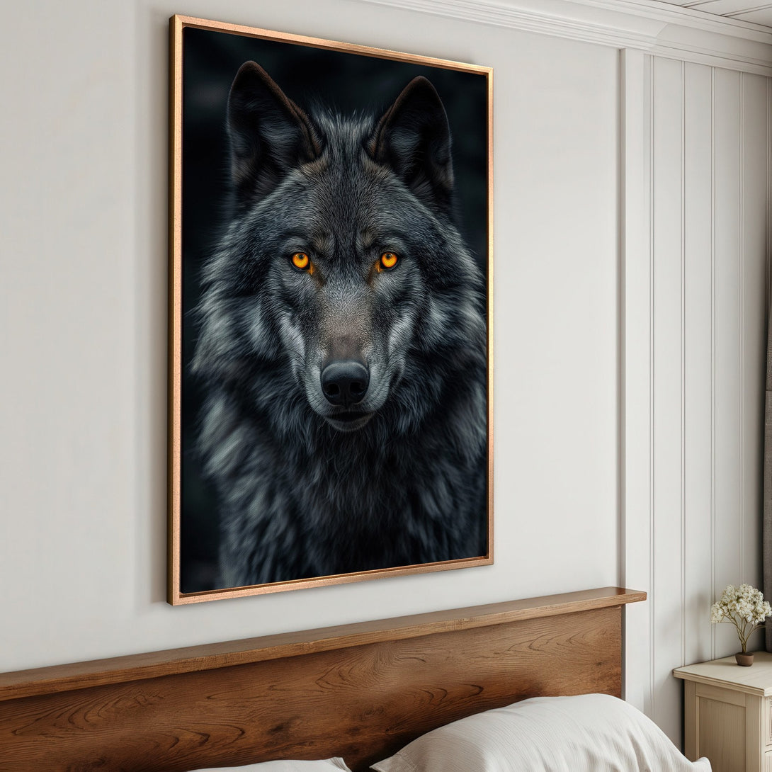 Framed Wall Art: Majestic wolf portrait with glowing eyes. Dark, moody aesthetic with a cool, muted color palette. Perfect for modern home decor.