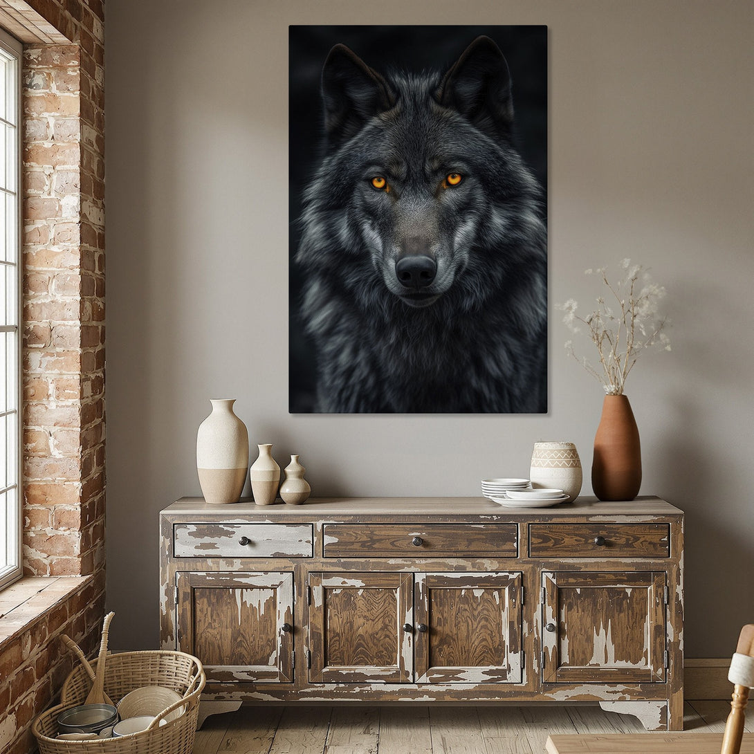 Framed Wall Art: Fierce wolf portrait with striking orange eyes. Dark, moody style with a gray and black palette. Perfect for modern decor.