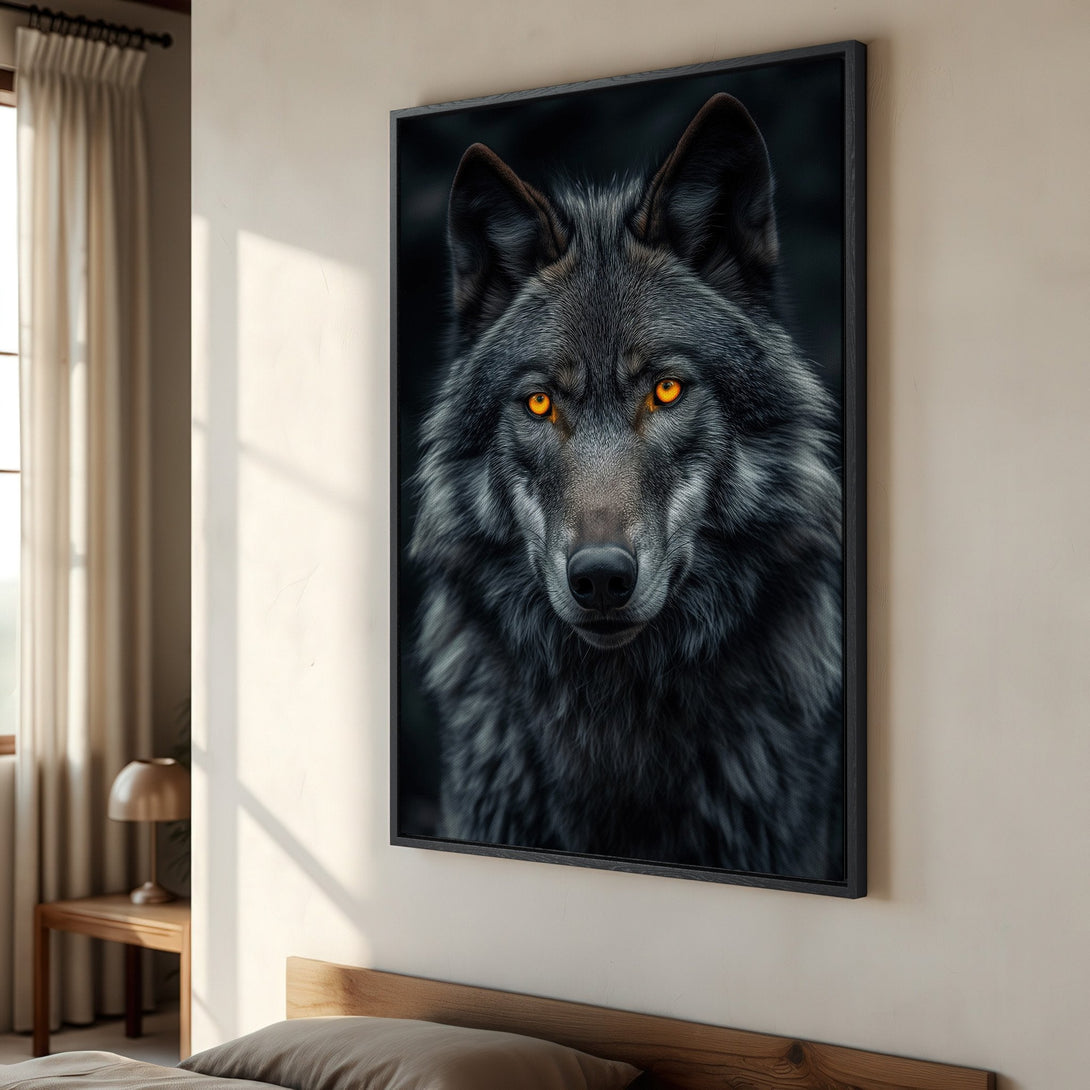 Framed Wall Art: Majestic wolf portrait with piercing yellow eyes. Moody, dark color palette adds a touch of wild elegance to your home decor.