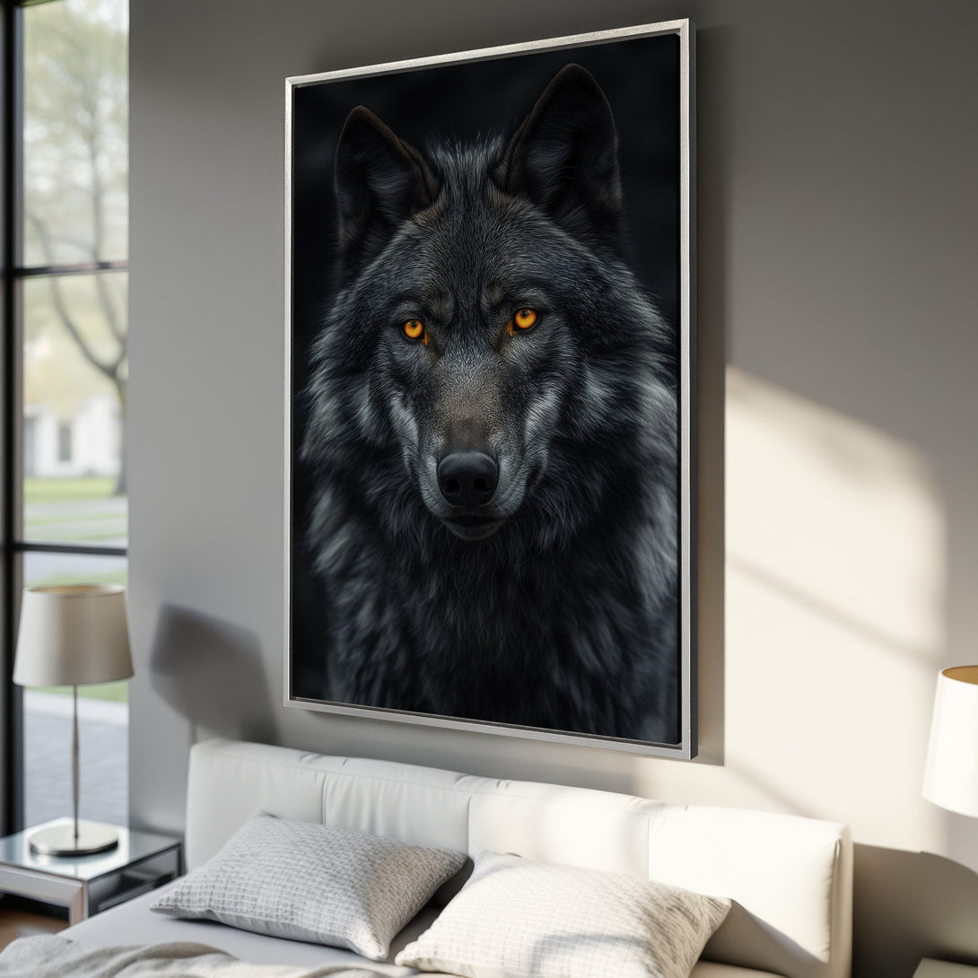 Framed Wall Art: Majestic wolf portrait with glowing orange eyes. Dramatic, dark aesthetic with a black, gray, and orange color palette. Perfect for modern decor.
