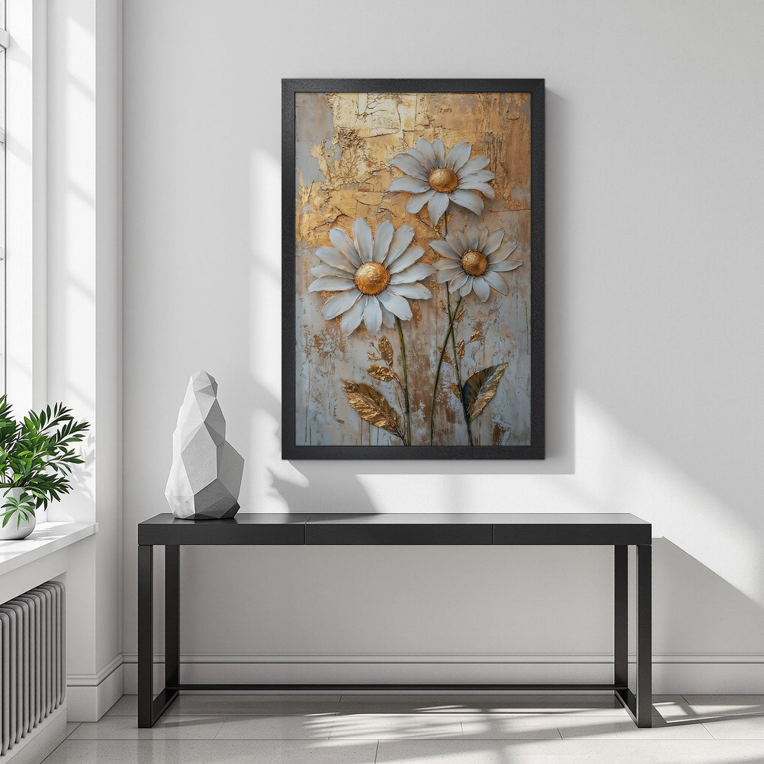 Framed Poster featuring white and gold daisy flowers on a textured background. Modern art print with a neutral color palette, perfect for home decor.