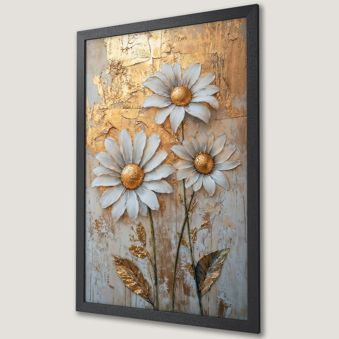 Framed Poster featuring white daisies with gold accents on a textured gold and grey background. Elegant floral art.