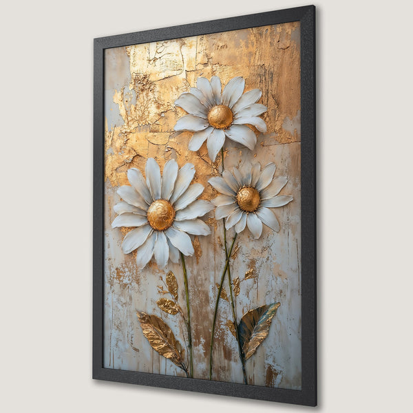 Framed Poster featuring white daisies with gold accents on a textured gold and grey background. Elegant floral art.