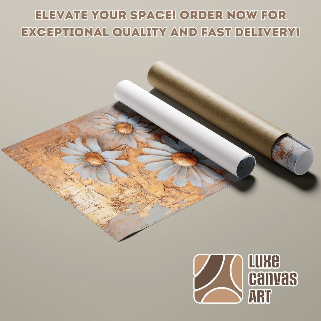 Poster Roll featuring floral art in a rustic style with a gold and blue color palette. Order now!