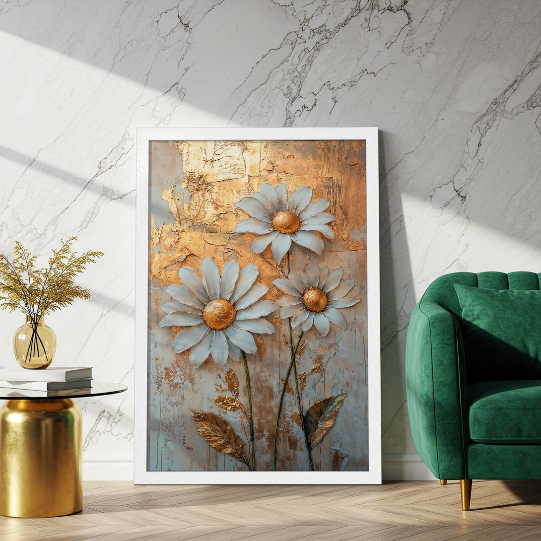 Framed Poster featuring 3D daisy art in a gold, white, and blue color palette. Perfect floral wall decor for a stylish home.