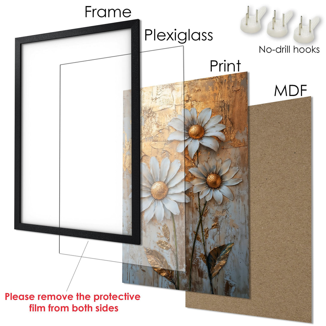 Framed Poster featuring textured floral art in gold, white, and muted tones. Modern art print for home decor.