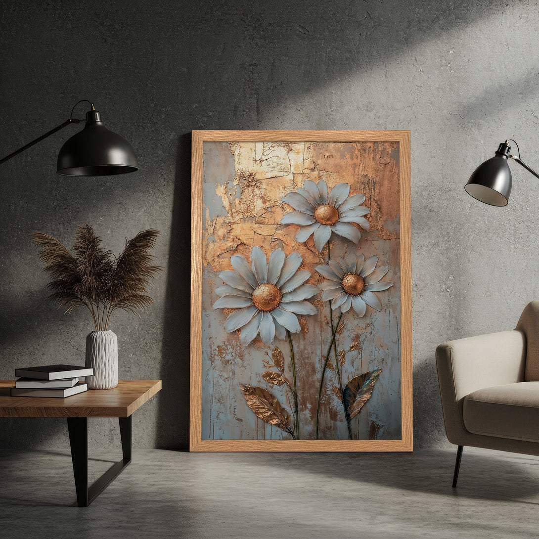 Framed Poster featuring textured floral art in blue, gold, and neutral tones. Modern wall decor for your home.