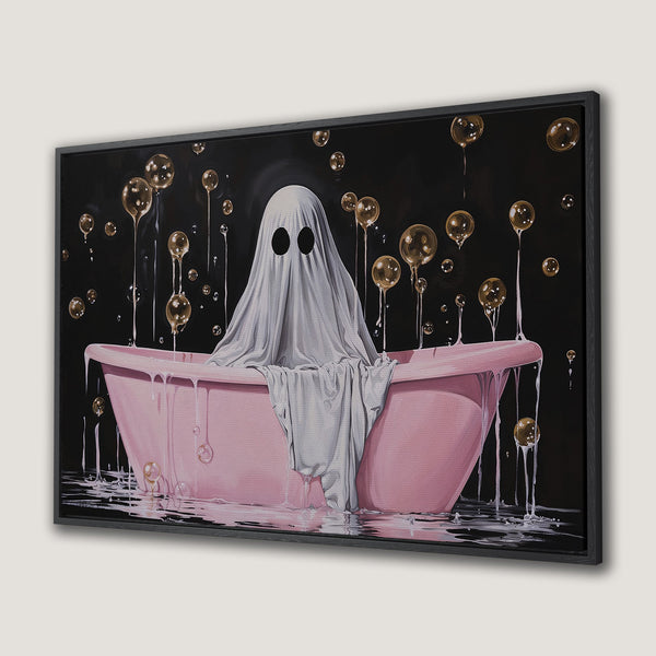 Framed Wall Art: Whimsical ghost in a pink bathtub with bubbles, set against a black backdrop. Contemporary art with a playful, spooky vibe.
