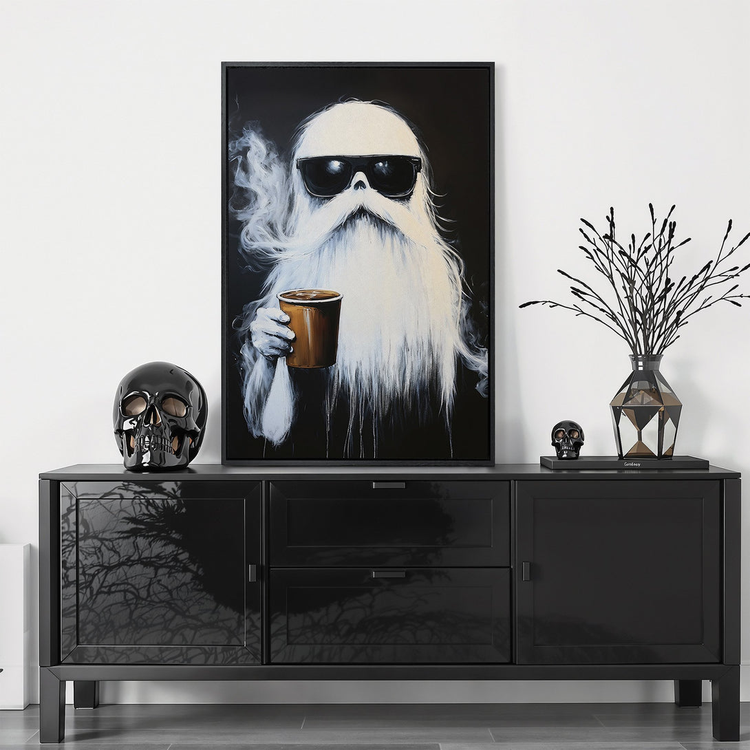 Framed Wall Art: Cool Santa with sunglasses canvas print in black & white with a pop of brown. Modern art for a stylish home.