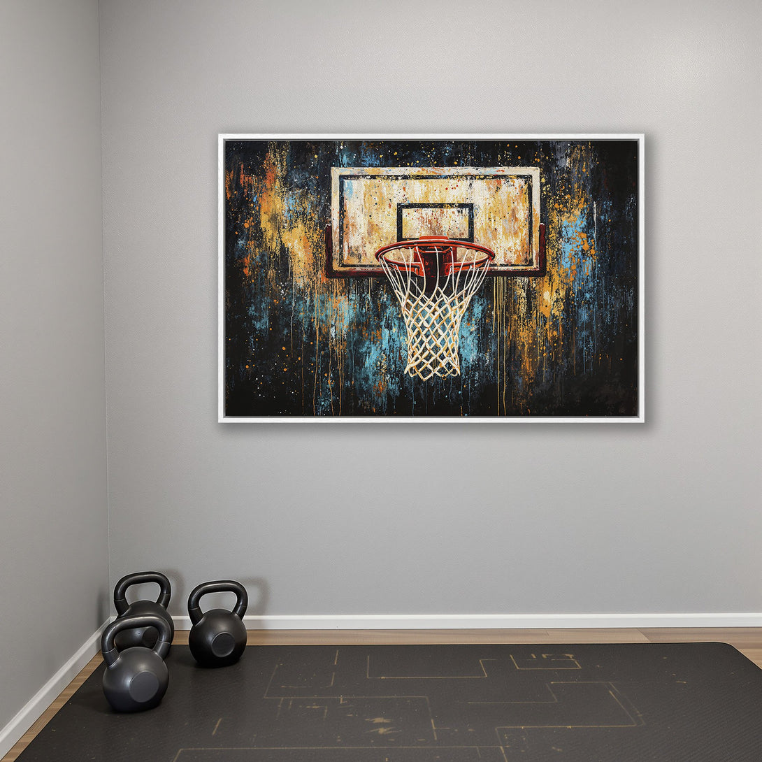 Framed Wall Art: Abstract basketball hoop in vibrant orange, blue, and black. Modern art Canvas Print adds a sporty, artistic touch to any space.