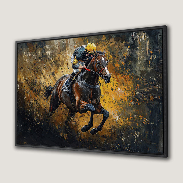 Framed Wall Art: Dynamic horse racing art in a modern, abstract style. Rich gold, brown, and black color palette. Elevate your space with this stunning canvas print.
