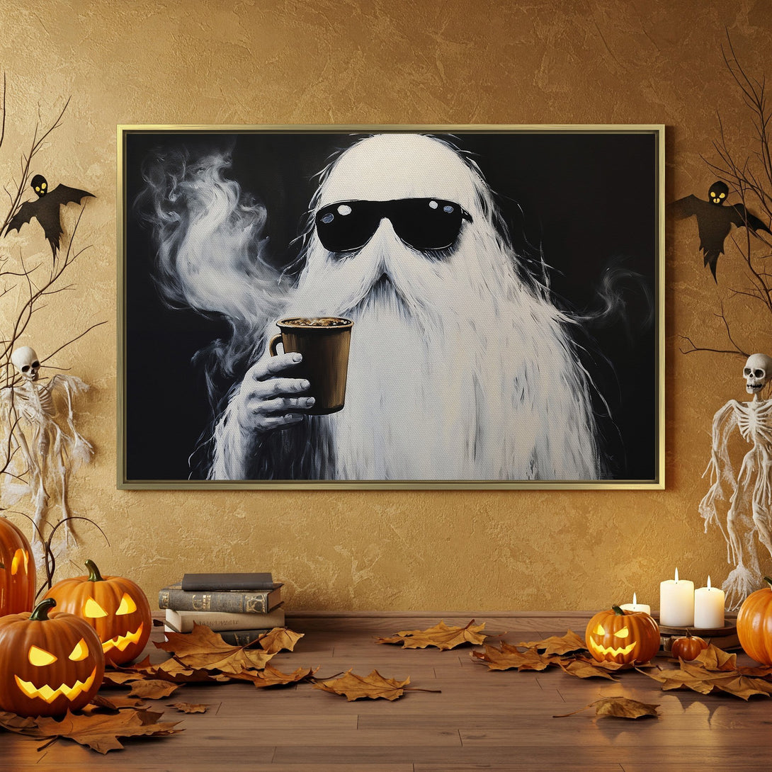 Halloween Canvas Print: Cool ghost art in black and white, perfect for spooky decor. Features orange and black accents.