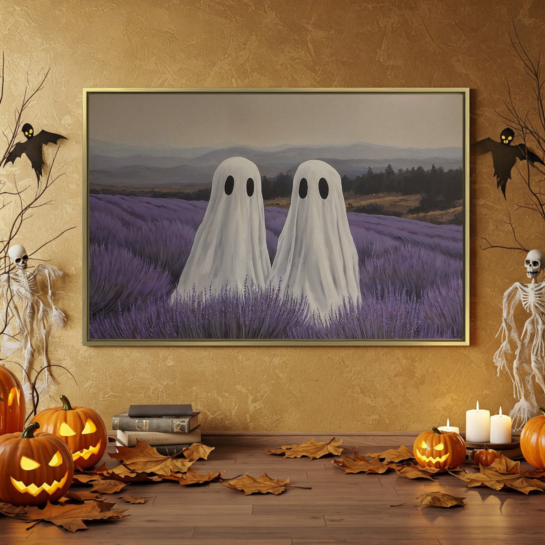 Canvas Print: Spooky Halloween art featuring two ghosts in a lavender field, perfect for seasonal decor. Warm orange, purple, and neutral tones create a festive atmosphere.