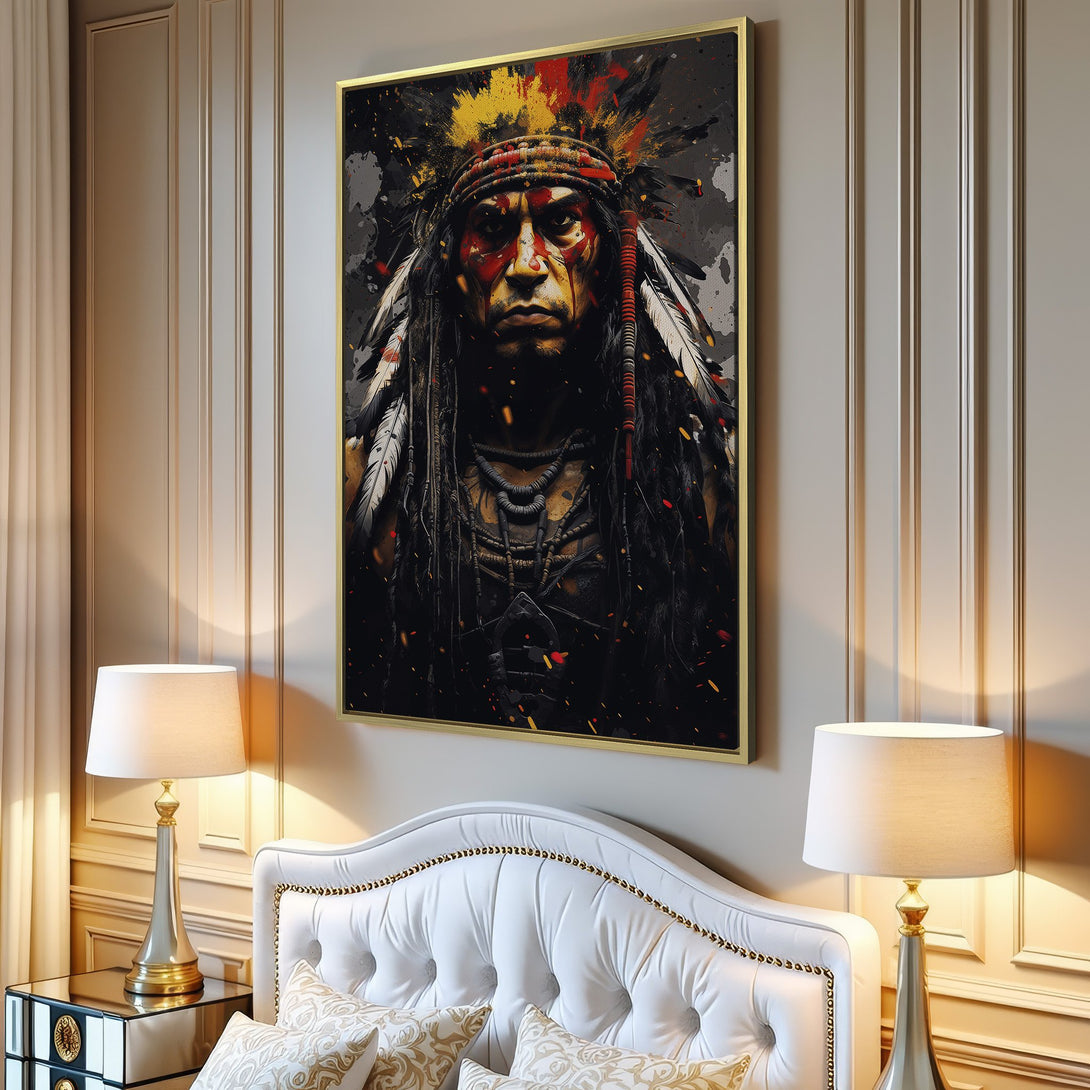 Canvas Print of Native American portrait in a modern style, featuring a bold red, yellow, and black color palette. Perfect wall art!