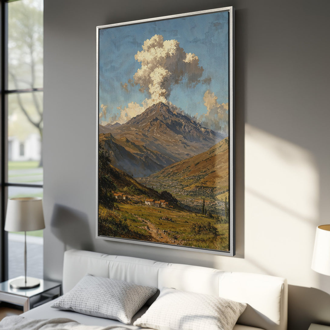 Framed Wall Art: Vintage landscape painting of a mountain scene in warm earth tones and blue sky. Perfect for adding classic style to your home.