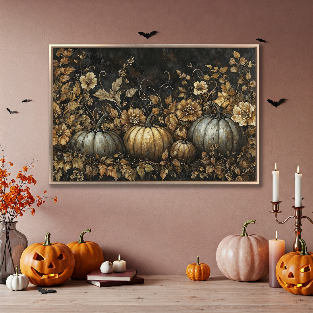 Framed Wall Art: Autumnal pumpkin and floral print in warm gold and gray tones. Perfect for Halloween decor!