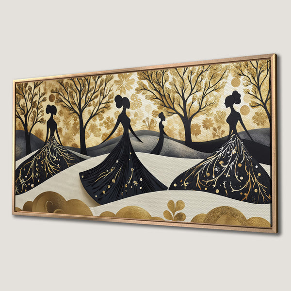 Framed Wall Art featuring elegant women in black dresses with gold accents, set against a gold and neutral landscape. Perfect for adding a touch of sophistication.