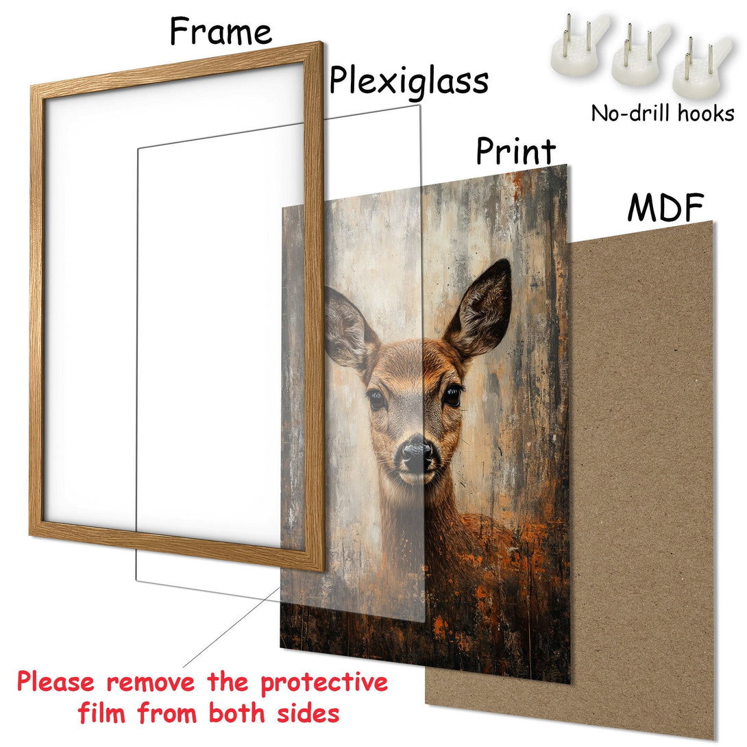 Framed Poster featuring a deer portrait in a rustic style with warm brown and beige tones. Perfect wall art for your home!