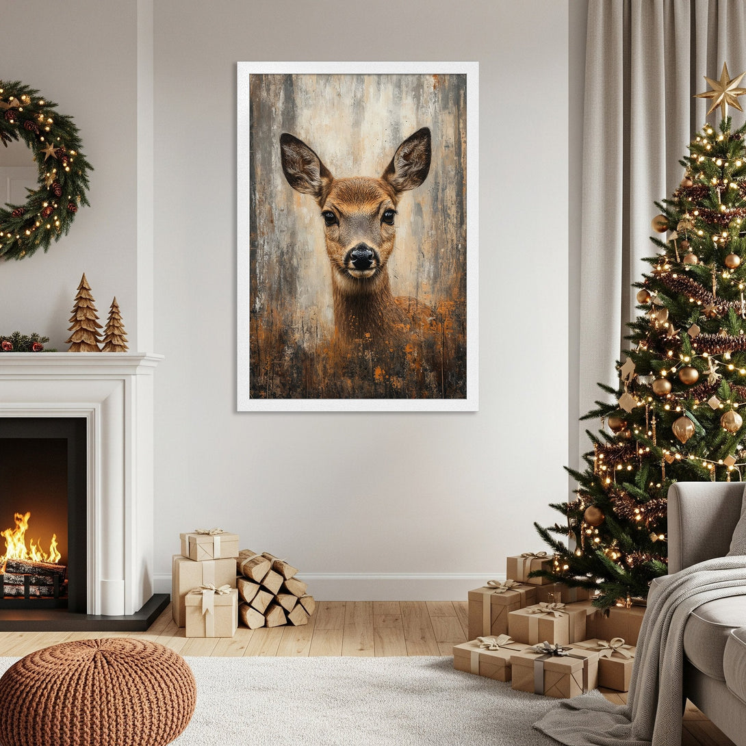Framed Poster featuring a deer portrait in a rustic style with a warm brown and beige color palette, perfect for cozy decor.