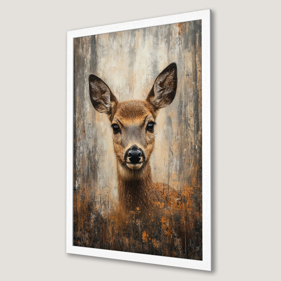 Framed Poster featuring a deer portrait. Rustic style with brown, orange, and gray tones. Perfect wall art for your home.