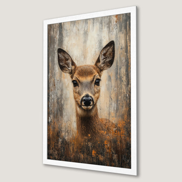 Framed Poster featuring a deer portrait. Rustic style with brown, orange, and gray tones. Perfect wall art for your home.
