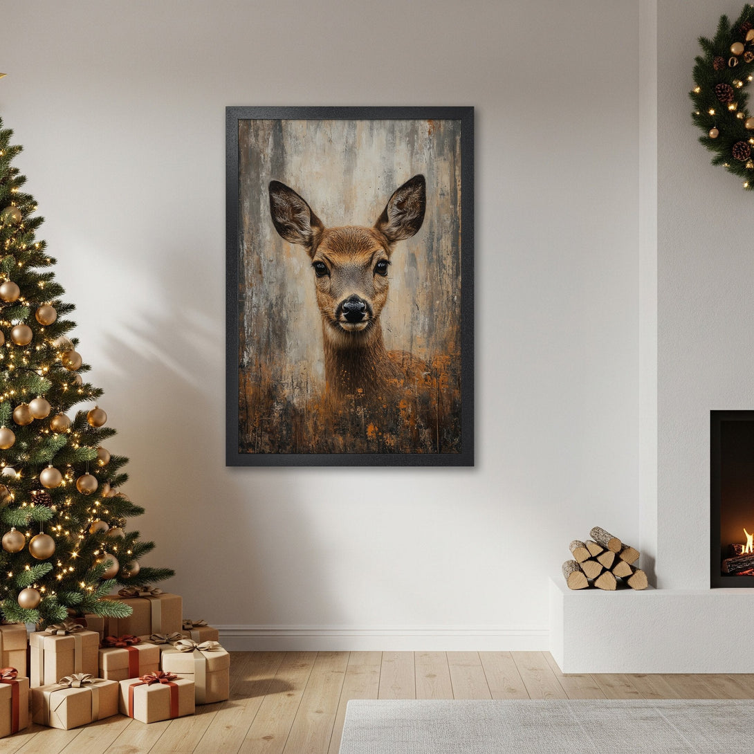 Framed Poster featuring a deer portrait in a rustic style with warm brown and neutral tones, perfect for home decor.