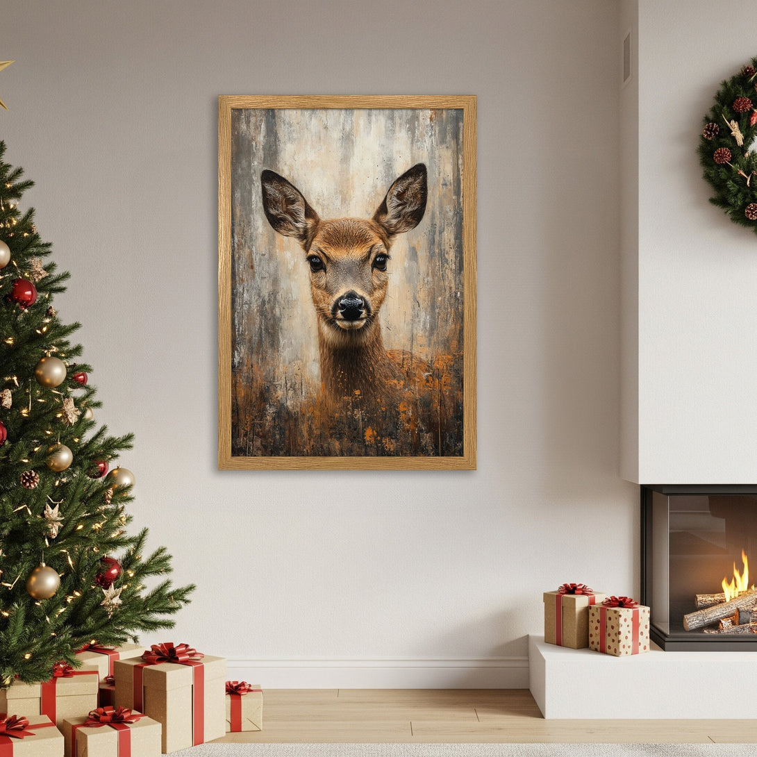 Framed Poster featuring a deer portrait in rustic style with a warm, earthy color palette. Perfect for home decor!