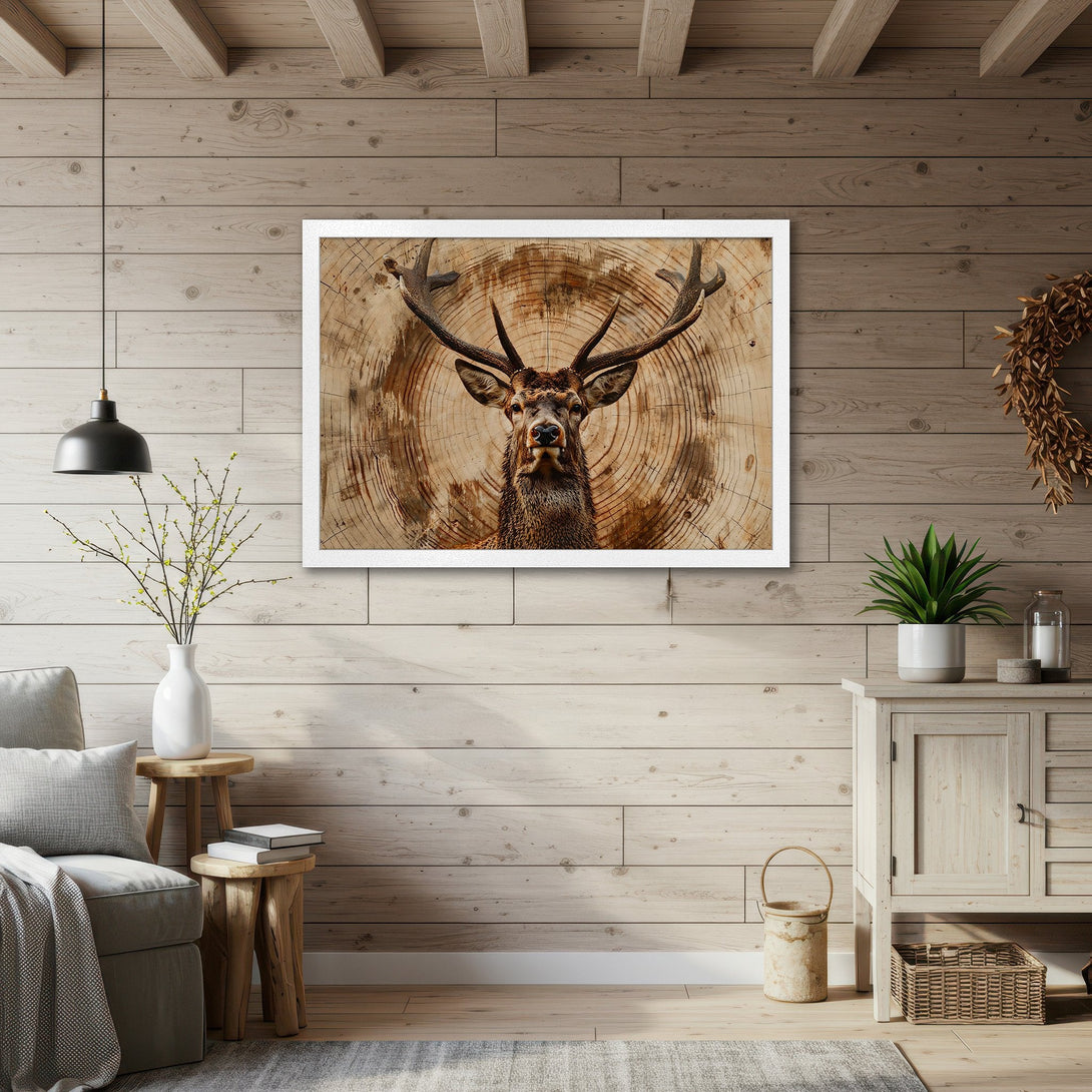 Framed Poster featuring a majestic deer illustration in a rustic style with warm, earthy tones. Perfect for adding natural elegance to any room.