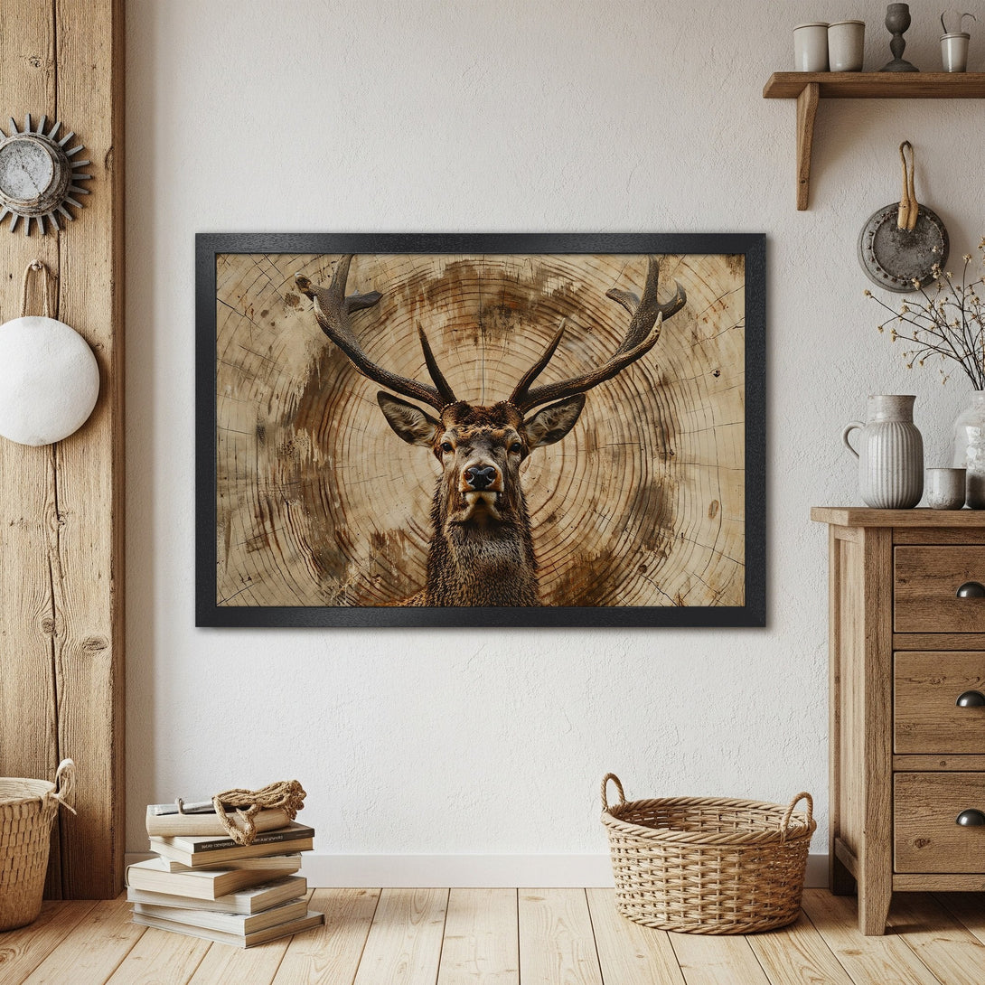 Framed Poster featuring a majestic stag against a wood grain background. Rustic style with warm brown and neutral color palette. Perfect wall art.