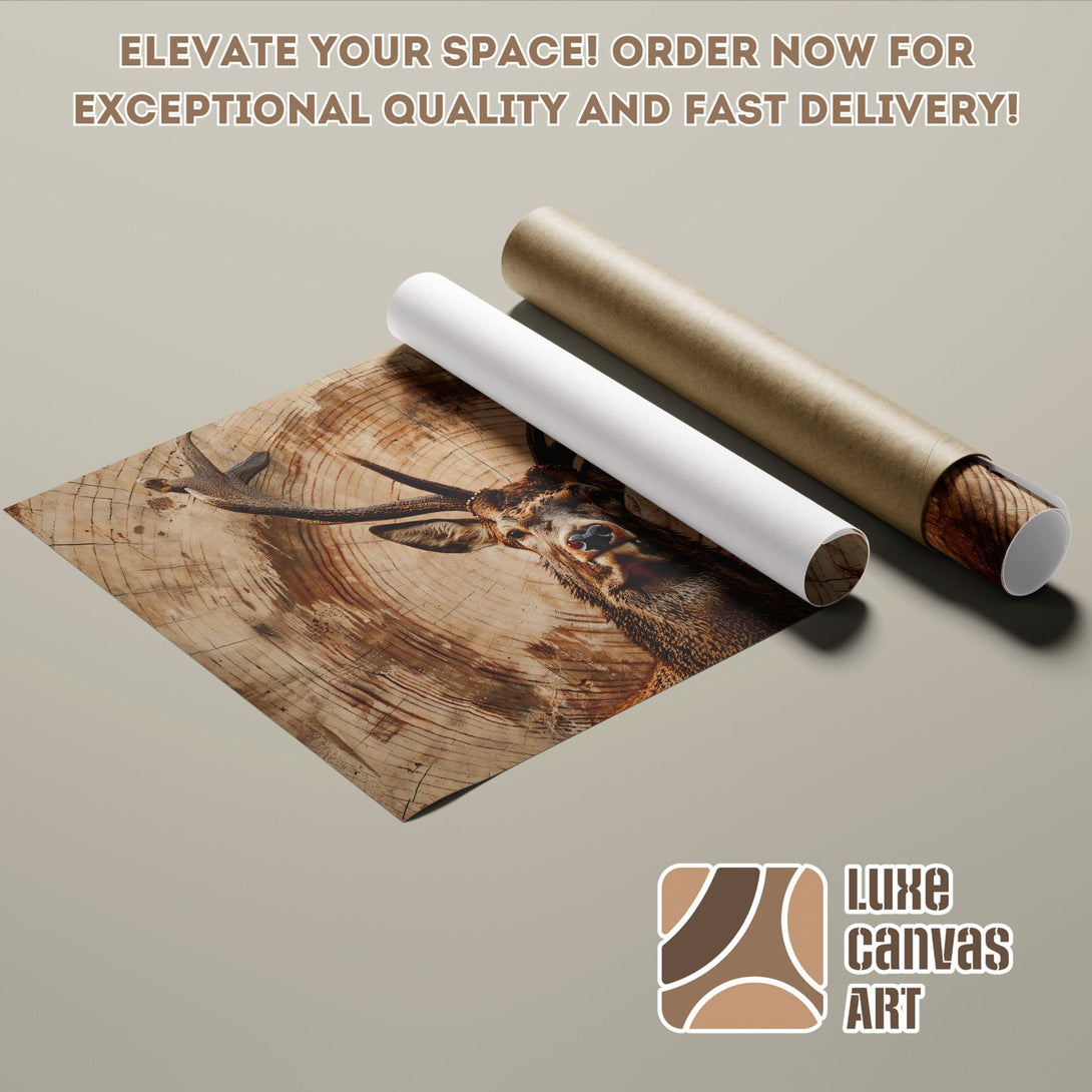 Poster Roll featuring a deer in wood grain style, warm brown tones. Elevate your space today!
