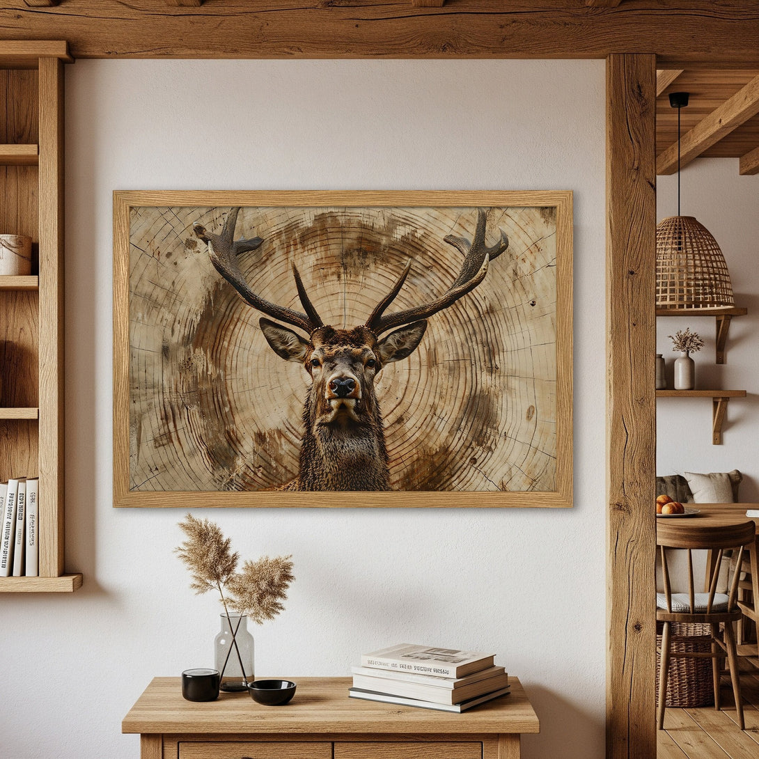 Framed Poster featuring a majestic stag with a rustic, wood-grain background. Earthy tones create a warm, inviting aesthetic.