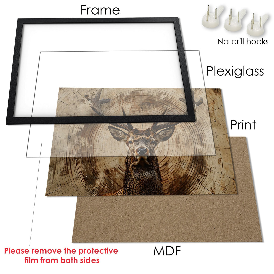 Framed Poster featuring a majestic stag, rustic style, earthy tones. Add this stunning art print to your decor!