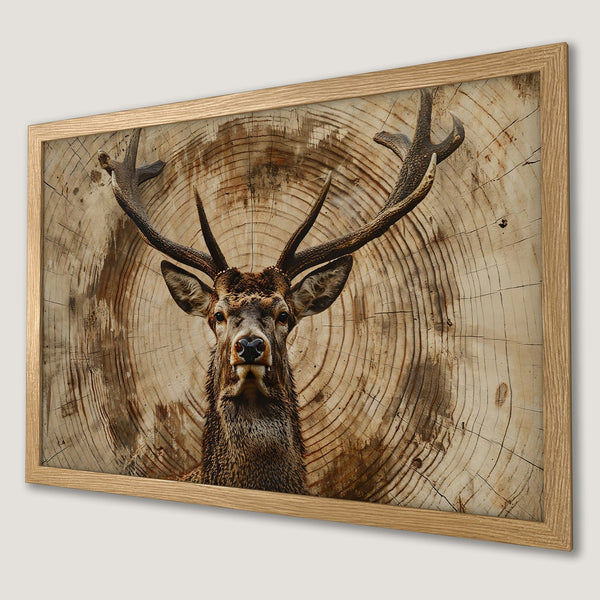 Framed Poster featuring a majestic stag against a wood grain background, warm earthy tones. Rustic wall art.