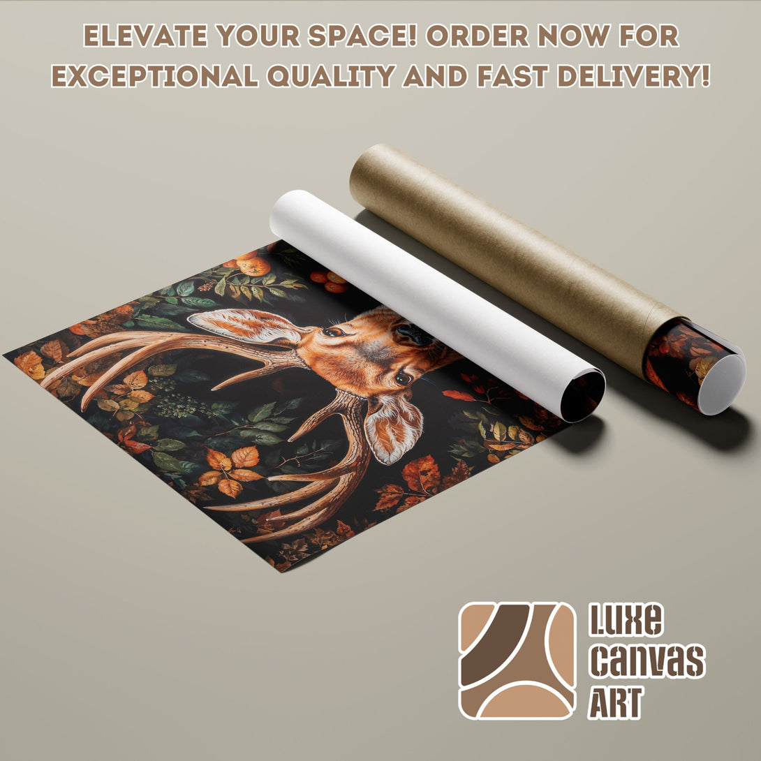 Poster Roll featuring a deer with antlers in a dark, nature-inspired style with a warm color palette. Order your art today!